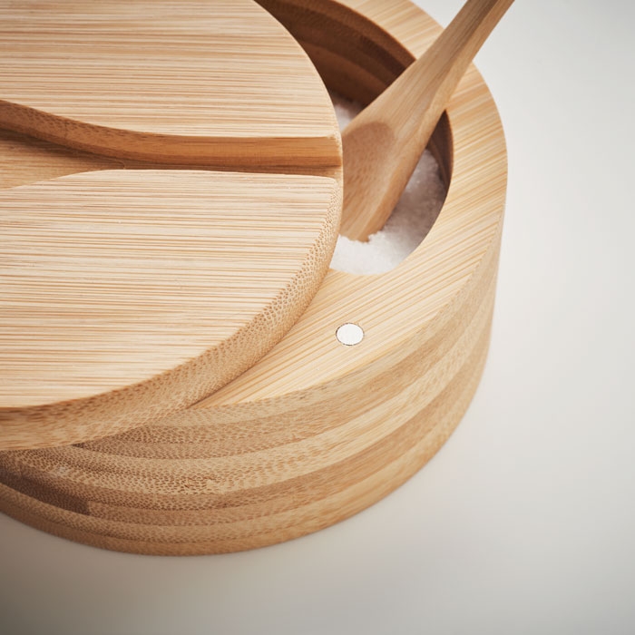 Scatola Porta Spezie In Bambù Con Coperchio Magnetico E Cucchiaio - Barattolo Per Condimenti A 2 Scomparti, Per Sale, Pepe, Zucchero, Erbe Aromatiche, Diametro 12 Cm, Ecologico