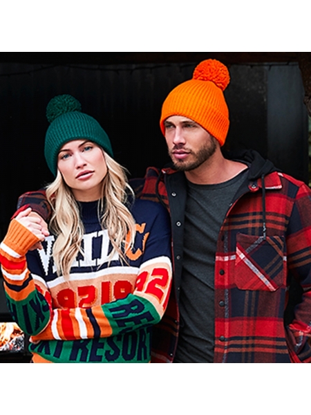 Cappello invernale personalizzato Beechfield Engineered Knit Ribbed Pom Pom Beanie