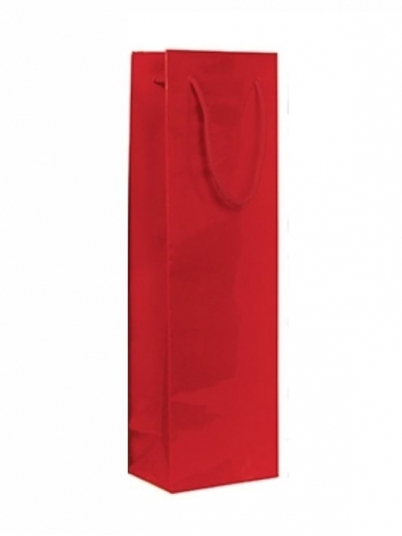 Busta portabottiglie in carta patinata lucida rossa o nera con maniglia in corda- 12+9 x 40 cm
