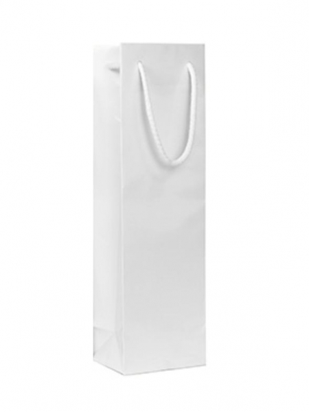 Busta portabottiglie in carta patinata lucida bianca con maniglia in corda- 12x9x40+5 cm