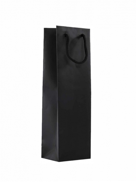 Busta portabottiglie in carta riciclata nera con maniglia in corda - 12x9x40+5 cm