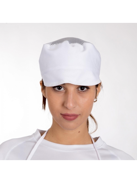 Cappello con visiera e rete superiore bianco da alimentarista