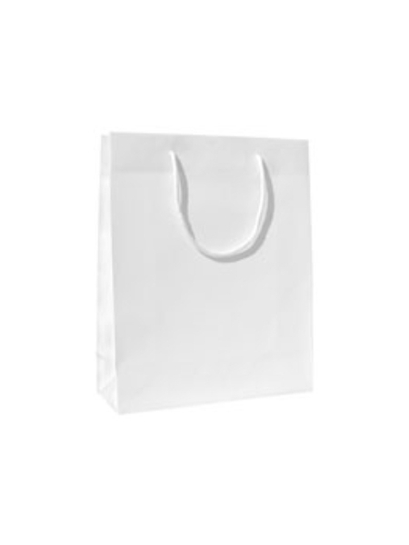 Shopper di carta personalizzate bianche plastificate - 16+8 x 25 cm