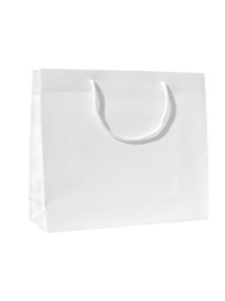 Buste di carta bianche plastificate lucide da 32+10x27,5 cm