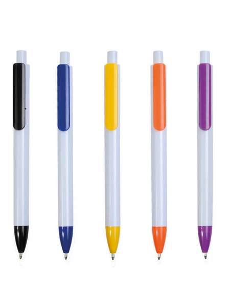 Penne Personalizzate in plastica con fusto bianco, clip e punta colorate