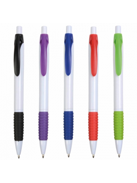 Penne in plastica con fusto bianco, impugnatura gommata e clip colorate