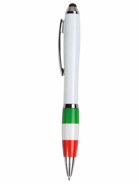 Penne in plastica bianche con impugnatura tricolore e gommino per touch screen