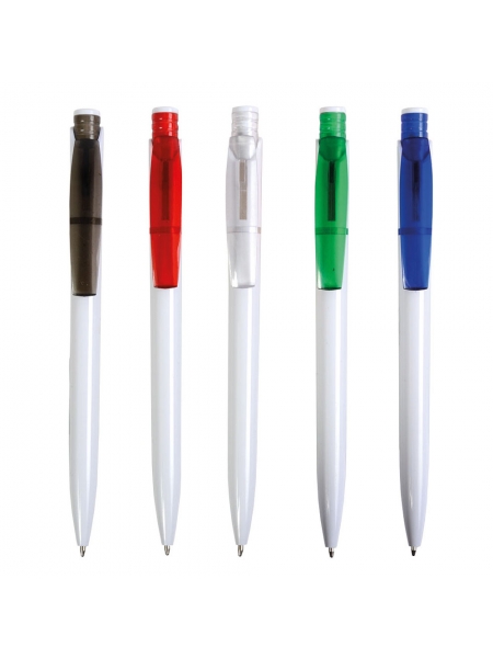 Penne Personalizzate a scatto in plastica bianche con clip e pulsante colorati