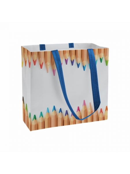 Shopper Back to school in TNT laminato 40x35x12 cm con soffietto e manici lunghi