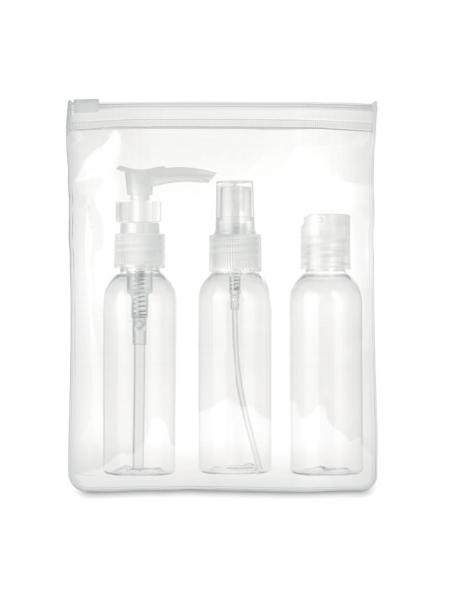 Beauty plastica trasparente personalizzato con 3 bottigliette vuote Travel