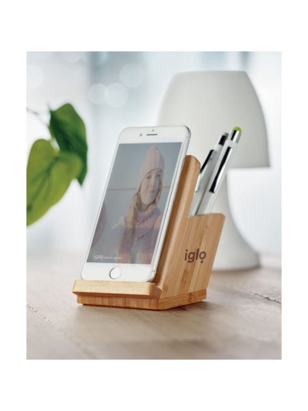 Caricatore telefono wireless in bamboo con porta penne personalizzato