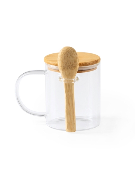Tazza in vetro con coperchio e cucchiaio in bamboo personalizzata Coco 420 ml