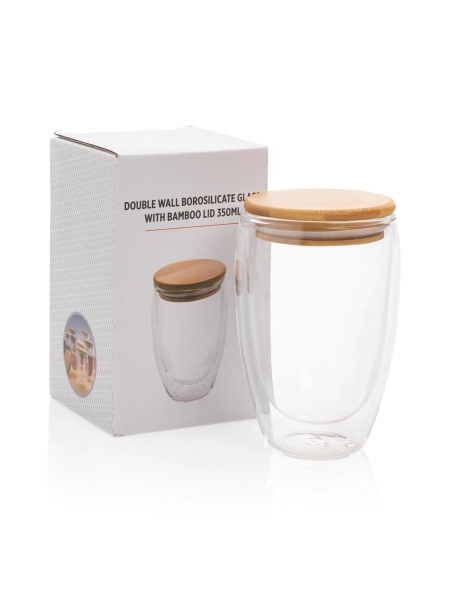 Bicchieri vetro personalizzati con logo e tappo in bambù 350 ml