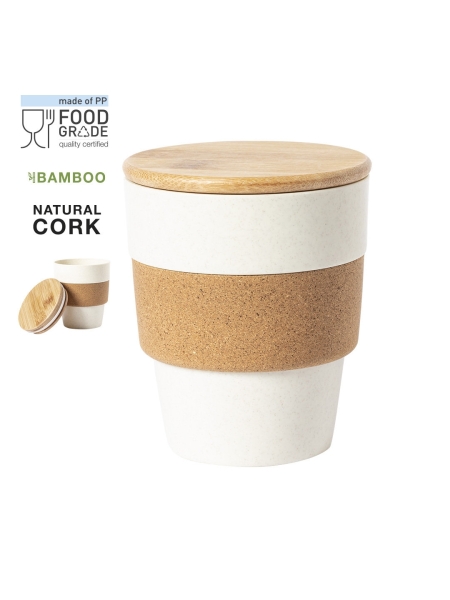 Bicchiere con coperchio eco in bamboo e sughero personalizzato Fredy 350 ml
