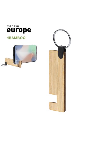 Portachiavi pubblicitari eco in bamboo con supporto per smartphone personalizzati Evans