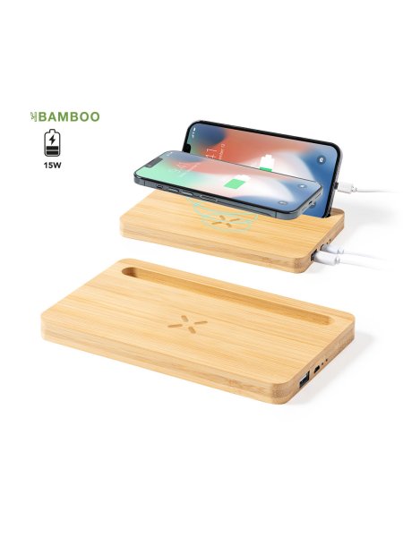 Base caricatore wireless bamboo con funzione supporto smartphone Loubron