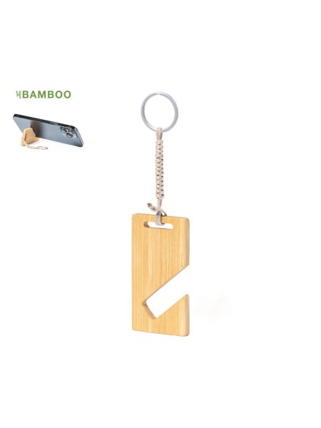 Portachiavi con logo personalizzato in bamboo con supporto per smartphone Zeke