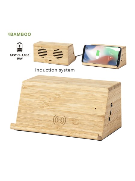 Speaker multifunzione in bamboo con caricabatterie wireless personalizato Zaphir