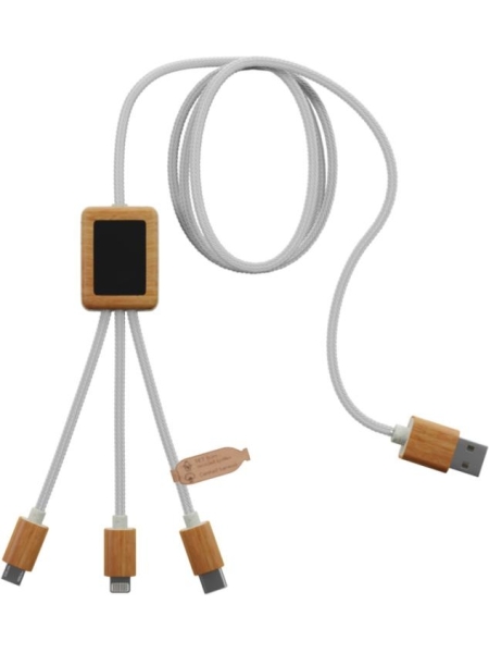 Cavetti per ricarica cellulari 3 in 1 (tipo C, micro USB, iPhone) con logo personalizzato luminoso su base in bambù SCX design