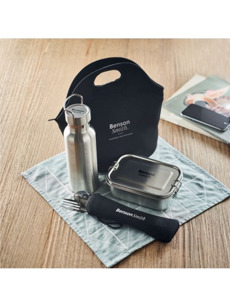 Set porta pranzo con posate e bottiglia doppia parete in acciaio inox