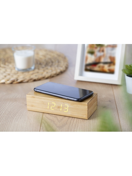 Caricabatterie wireless in bamboo con orologio Rosie