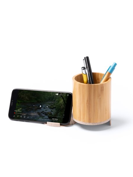 Portapenne in legno con caricabatterie wireless e supporto smartphone personalizzato Roly Celik
