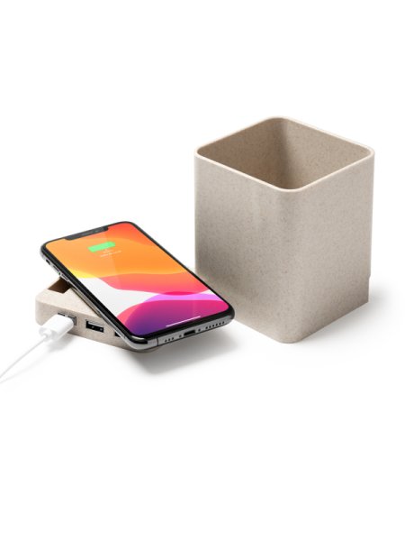 Base ricarica wireless in fibra di grano con portapenne personalizzato Roly Melbux