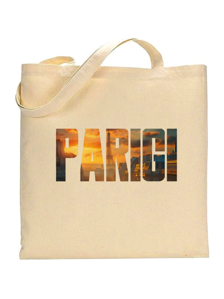 Shopper cotone naturale 38 x 42 con grafica originale di nomi di città europee Parigi