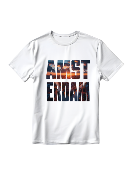 Maglietta in cotone semipettinato ringspun con grafica di nome di città europea Amsterdam