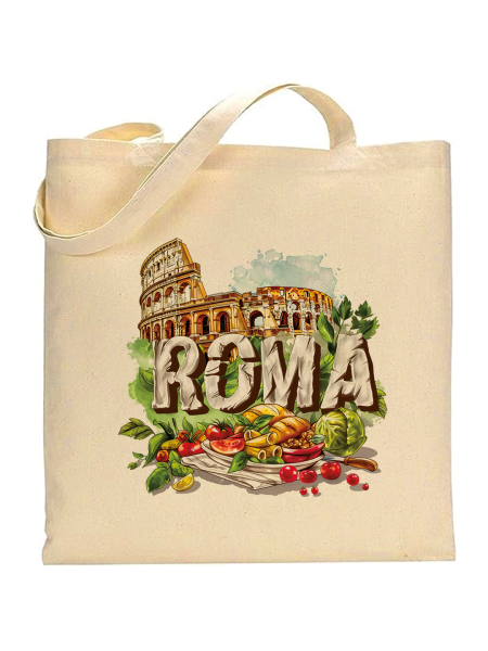 Shopper in cotone naturale 38 x 42 con grafica originale di nomi di città italiane Roma