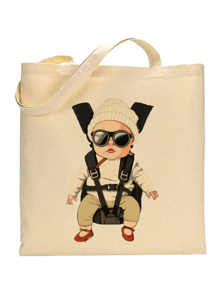 Shopper in cotone naturale 38 x 42 con grafica originale addio al celibato con bambino in stile una notte da leoni
