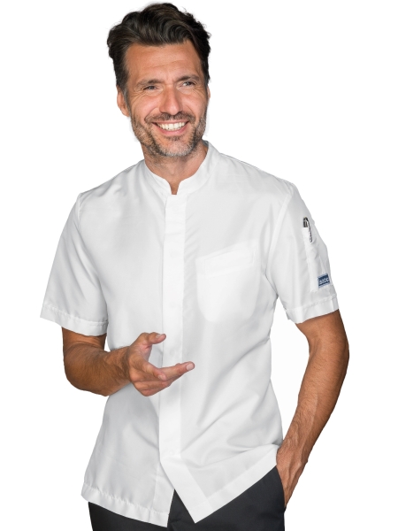 Giacca da chef unisex manica corta in poliestere personalizzata Isacco Bradford