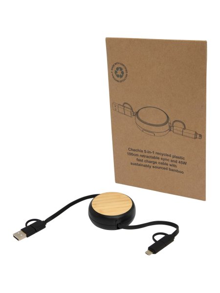 Cavo USB tipo C retrattile 5 in 1 in plastica riciclata con dettagli in bambù Chechia