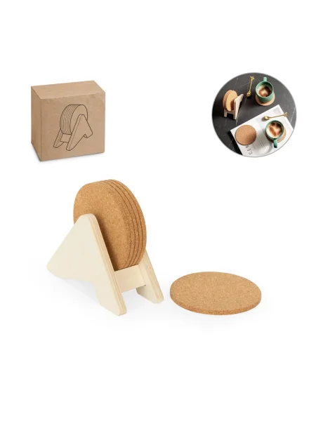Supporto in compensato con 6 sottobicchieri in sughero PLYCORK