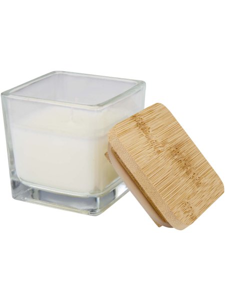 Candela quadrata in vetro con coperchio in bambù Ambra
