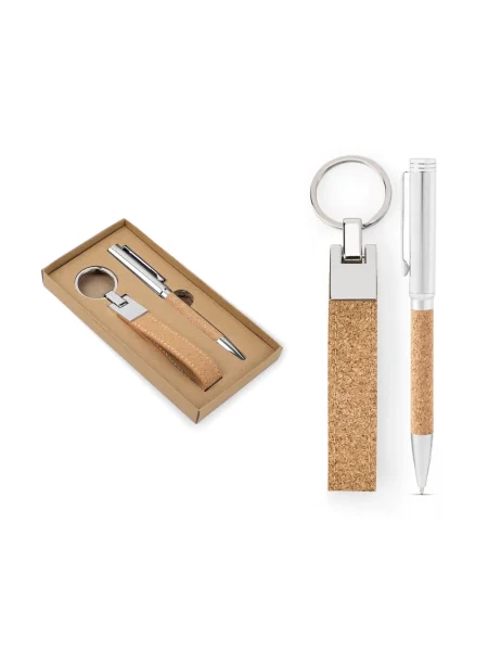 Set con penna a sfera e portachiavi in metallo e sughero EVANS