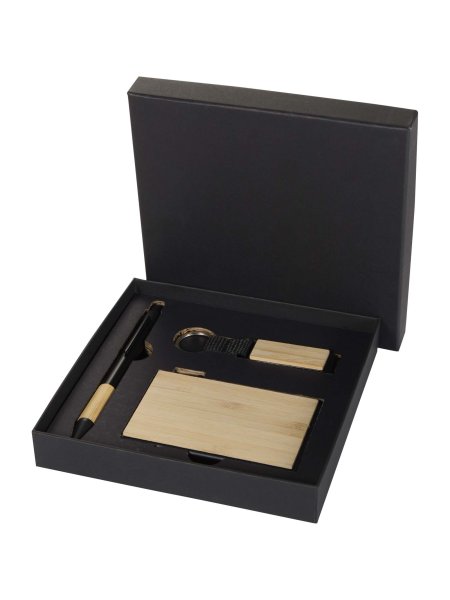 Set regalo con penna a sfera, portachiavi e portacarte RFID in alluminio riciclato certificato RCS Minka