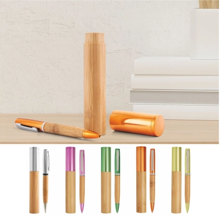 Penna in bamboo con custodia refill nero personalizzabile Dermot