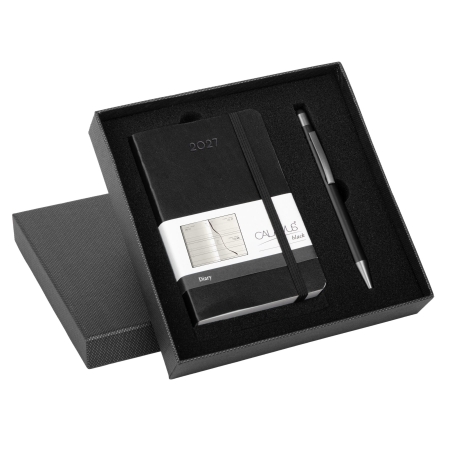 Parure con agenda giornaliera 9 x 14 cm e penna personalizzabile Calamus Black Day